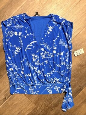 INC International Concepts Women's XL Blue Floral Faux Wrap Blouse Side Tie